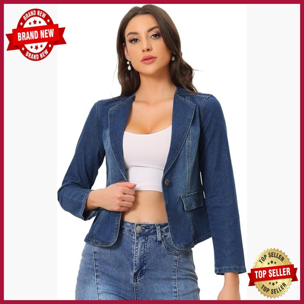 Cropped Denim Jacket Classic Fit Lightweight Stretchy Collarless One Button